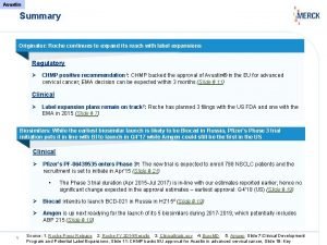 Avastin Summary Originator Roche continues to expand its