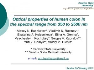 Saratov State University Department of Optics Biophotonics Optical