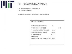 MIT SOLAR DECATHLON PV TECHNOLOGY FOUNDAMENTALS PV MANUFACTURERS