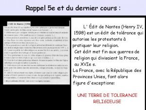 Rappel 5 e et du dernier cours L