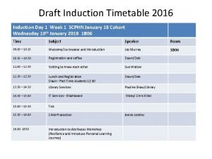 Draft Induction Timetable 2016 Induction Day 1 Week