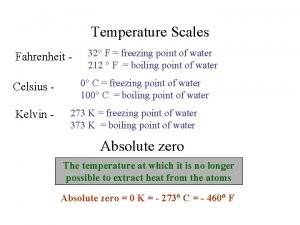Temperature Scales Fahrenheit Celsius Kelvin 32 F freezing