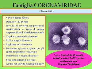 Famiglia CORONAVIRIDAE Generalit Virus di forma sferica Diametro