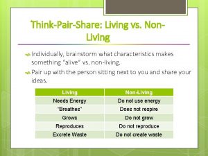 ThinkPairShare Living vs Non Living Individually brainstorm what