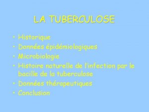 LA TUBERCULOSE Historique Donnes pidmiologiques Microbiologie Histoire naturelle