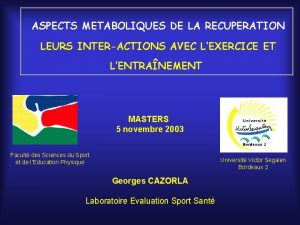 ASPECTS METABOLIQUES DE LA RECUPERATION LEURS INTERACTIONS AVEC