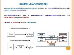 KOMMUNIKATIONSMODELL Als Kommunikationsmodell oder Kommunikationstheorie bezeichnet man wissenschaftliche