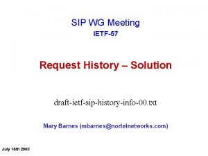 SIP WG Meeting IETF57 Request History Solution draftietfsiphistoryinfo00