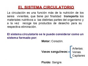 EL SISTEMA CIRCULATORIO La circulacin es una funcin