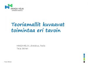 Teoriamallit kuvaavat toimintaa eri tavoin HAAGAHELIA Liiketalous Pasila