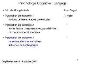 Psychologie Cognitive Langage Introduction gnrale Juan Segui Perception