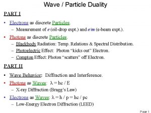 Wave Particle Duality PART I Electrons as discrete