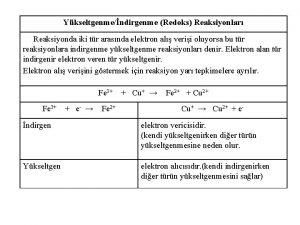 Ykseltgenmendirgenme Redoks Reaksiyonlar Reaksiyonda iki tr arasnda elektron