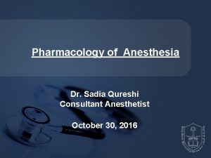 Pharmacology of Anesthesia Dr Sadia Qureshi Consultant Anesthetist