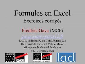 Formules en Excel Exercices corrigs Frdric Gava MCF