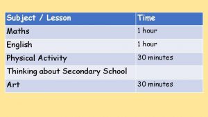 Subject Lesson Time Maths 1 hour English 1