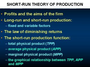 SHORTRUN THEORY OF PRODUCTION Profits and the aims