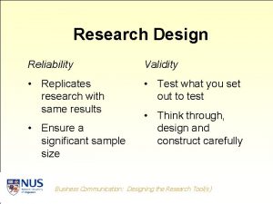 Research Design Reliability Validity Replicates research with same