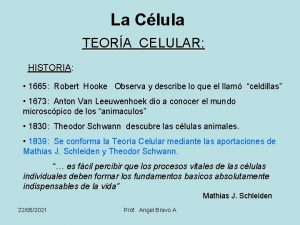 La Clula TEORA CELULAR HISTORIA 1665 Robert Hooke