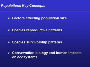 Populations Key Concepts Factors affecting population size Species