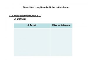 Diversit et complmentarit des mtabolismes I La photoautotrophie