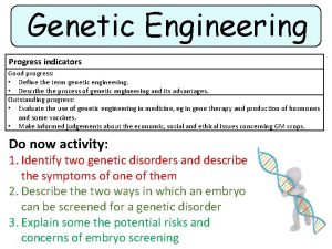 Genetic Engineering Progress indicators Good progress Define the