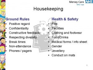 Housekeeping Ground Rules Positive regard Confidentiality Constructive feedback