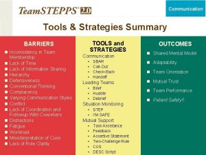 Communication Tools Strategies Summary TOOLS and STRATEGIES BARRIERS
