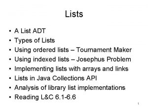 Lists A List ADT Types of Lists Using