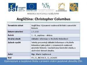 Anglitina Christopher Columbus Tematick oblast Anglitina Vznamn osobnosti