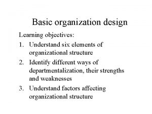 Basic organization design Learning objectives 1 Understand six