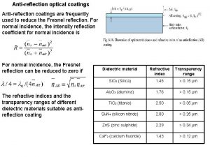 Antireflection optical coatings Antireflection coatings are frequently used