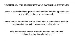 LECTURE 18 RNA TRANSCRIPTION PROCESSING TURNOVER Levels of