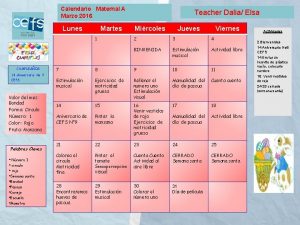 Calendario Maternal A Marzo 2016 Lunes Martes 1