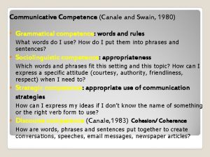 Communicative Competence Canale and Swain 1980 Grammatical competence