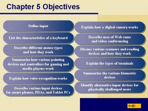 Chapter 5 Objectives Define input Explain how a