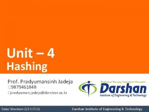 Unit 4 Hashing Prof Pradyumansinh Jadeja 9879461848 pradyuman