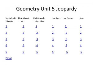 Geometry Unit 5 Jeopardy Special right Triangles Right