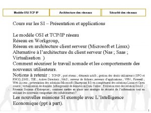 Modle OSITCP IP Architecture des rseaux Scurit des