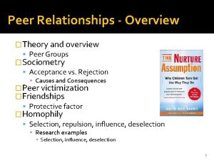 Peer Relationships Overview Theory and overview Peer Groups