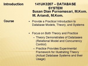 Introduction Course 141 UK 3207 DATABASE SYSTEM Susan