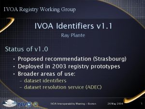 IVOA Registry Working Group IVOA Identifiers v 1