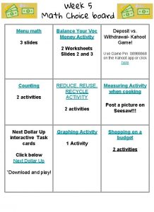 Week 5 Math Choice board Menu math Balance