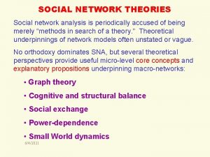 SOCIAL NETWORK THEORIES Social network analysis is periodically