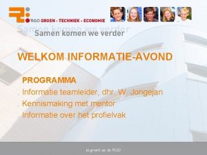 WELKOM INFORMATIEAVOND PROGRAMMA Informatie teamleider dhr W Jongejan