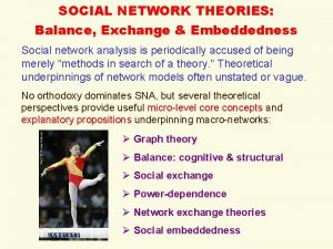 SOCIAL NETWORK THEORIES Balance Exchange Embeddedness Social network