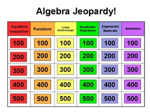 Algebra Jeopardy 100 Answer x 12 200 Answer