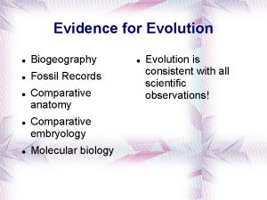 Evidence for Evolution Biogeography Fossil Records Comparative anatomy