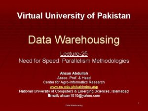Virtual University of Pakistan Data Warehousing Lecture25 Need