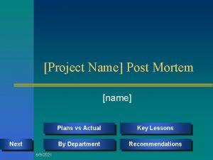 Project Name Post Mortem name Next 692021 Plans